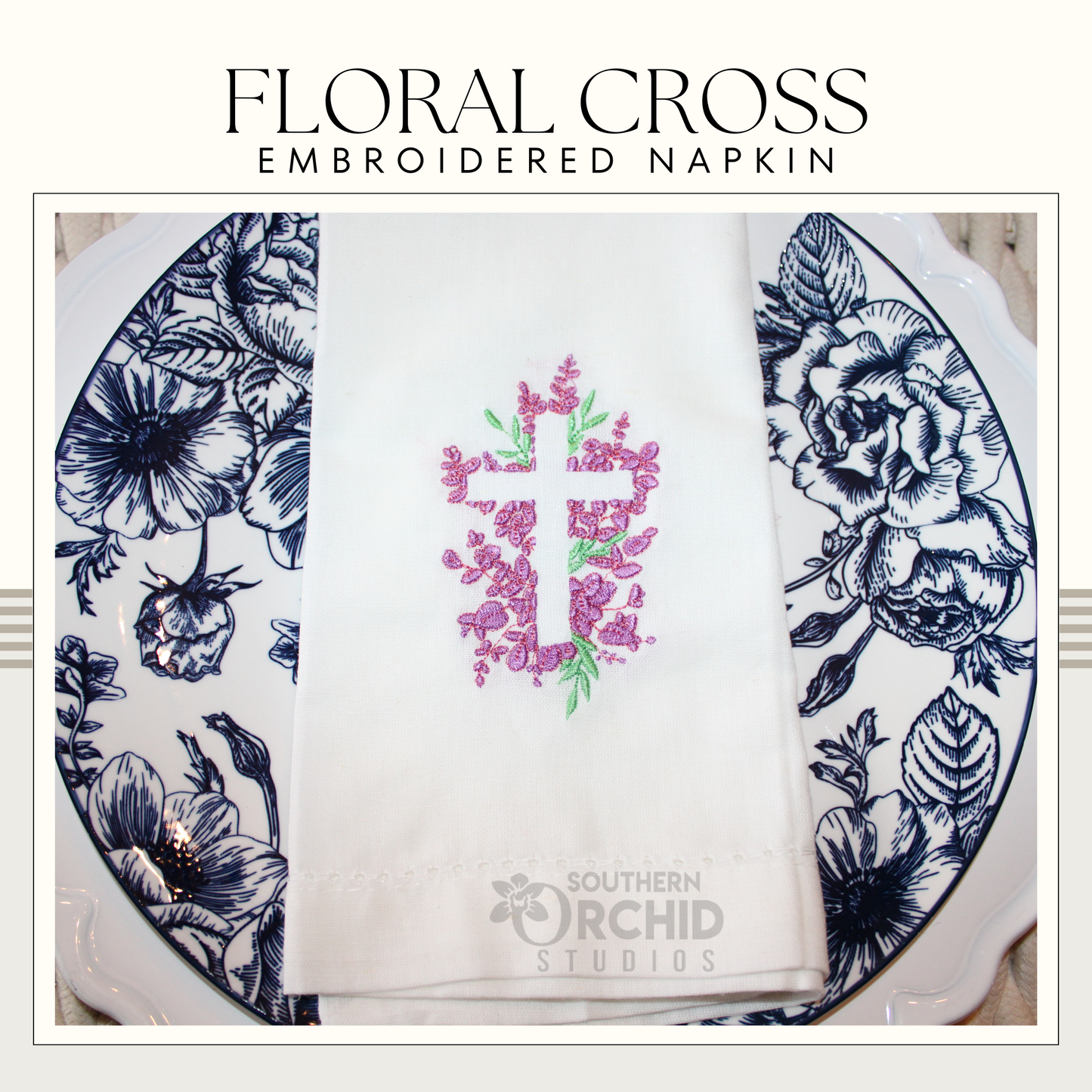 Floral Cross Embroidered Napkin