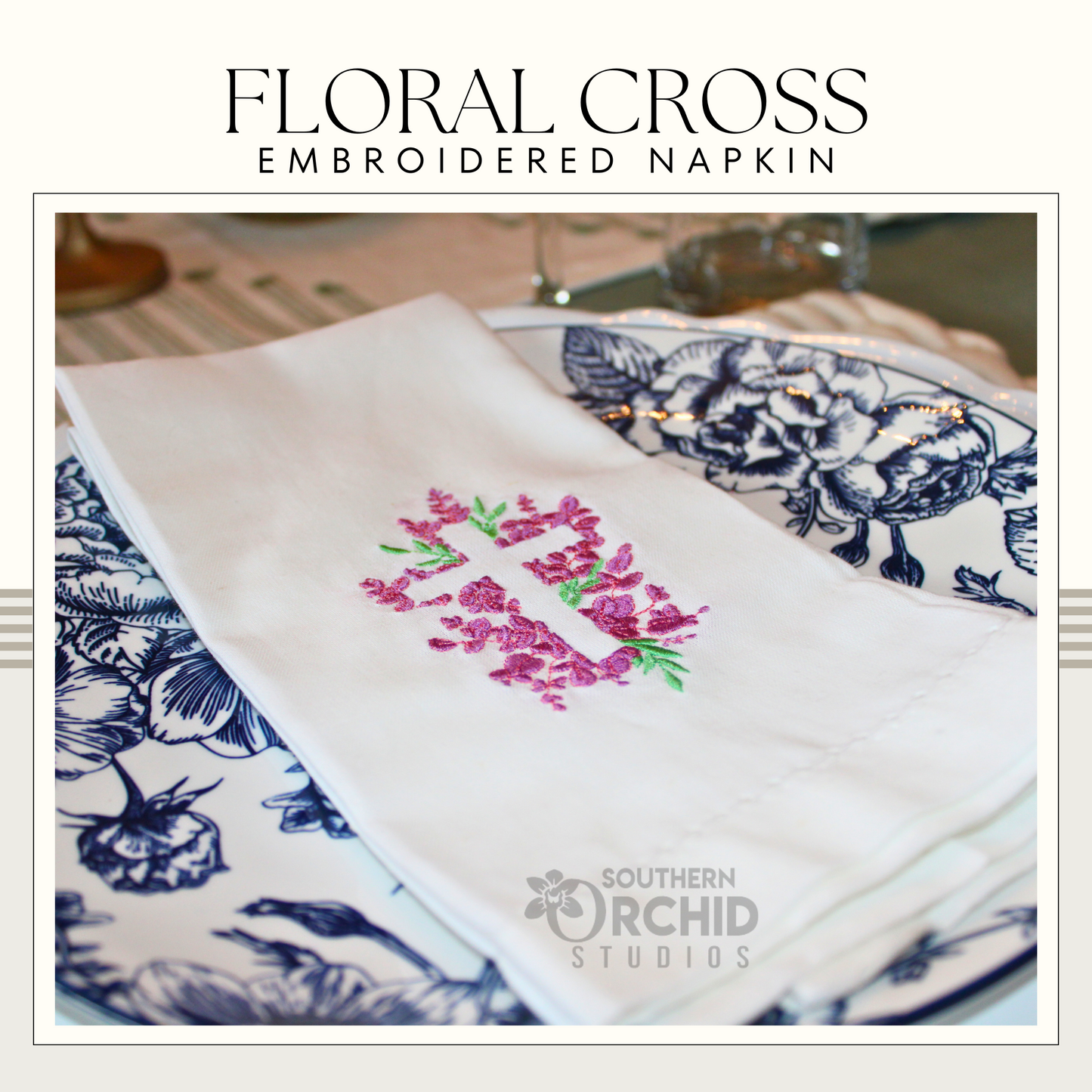 Floral Cross Embroidered Napkin