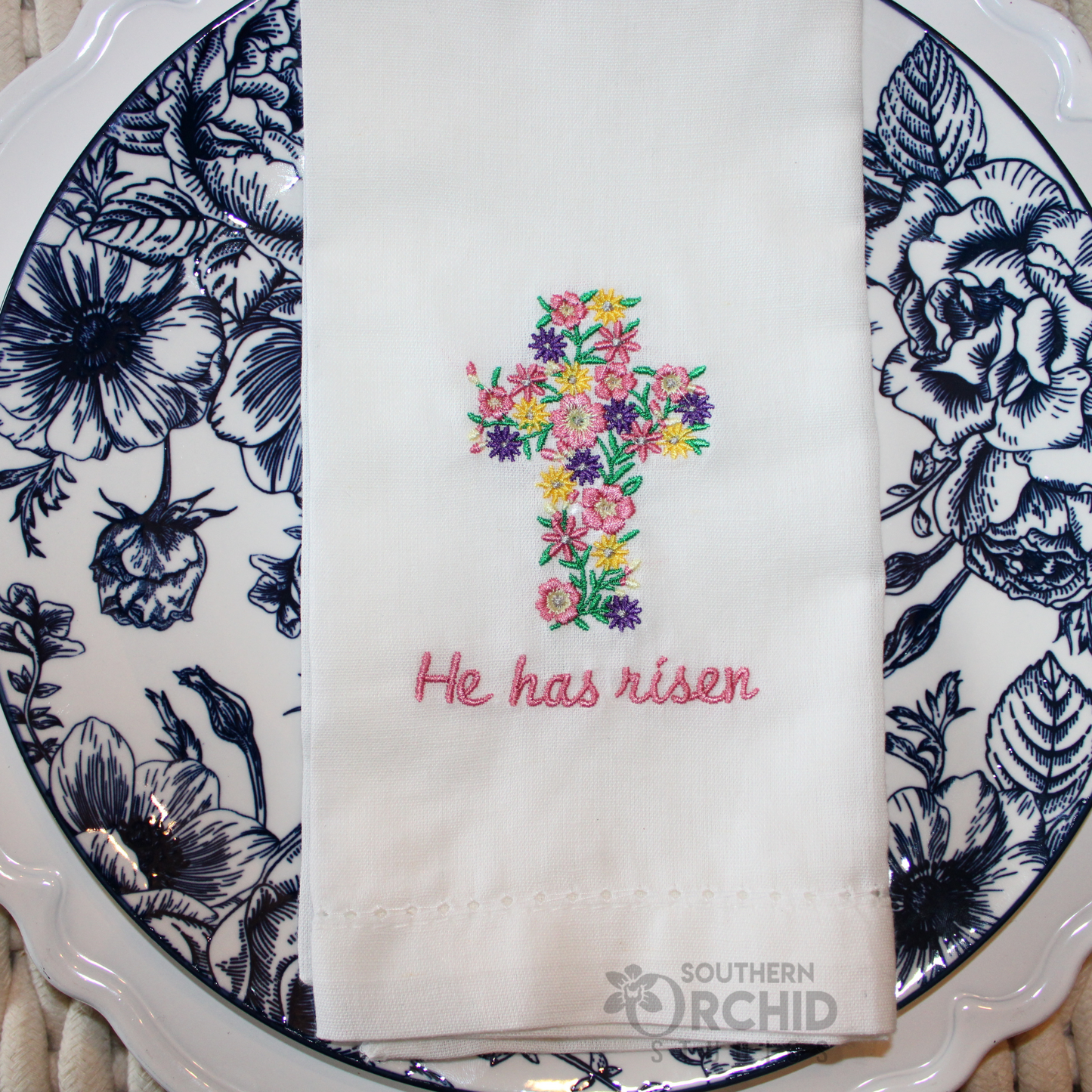 He Has Risen Easter Embroidered Napkin